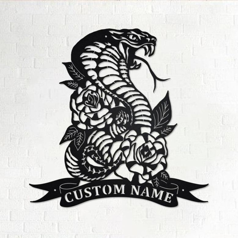 Custom Cobra Snake & Roses Metal Wall Art, Personalized Cobra Snake Name Sign Decoration For Room, Cobra Snake Home Decor,Custom Cobra Snake