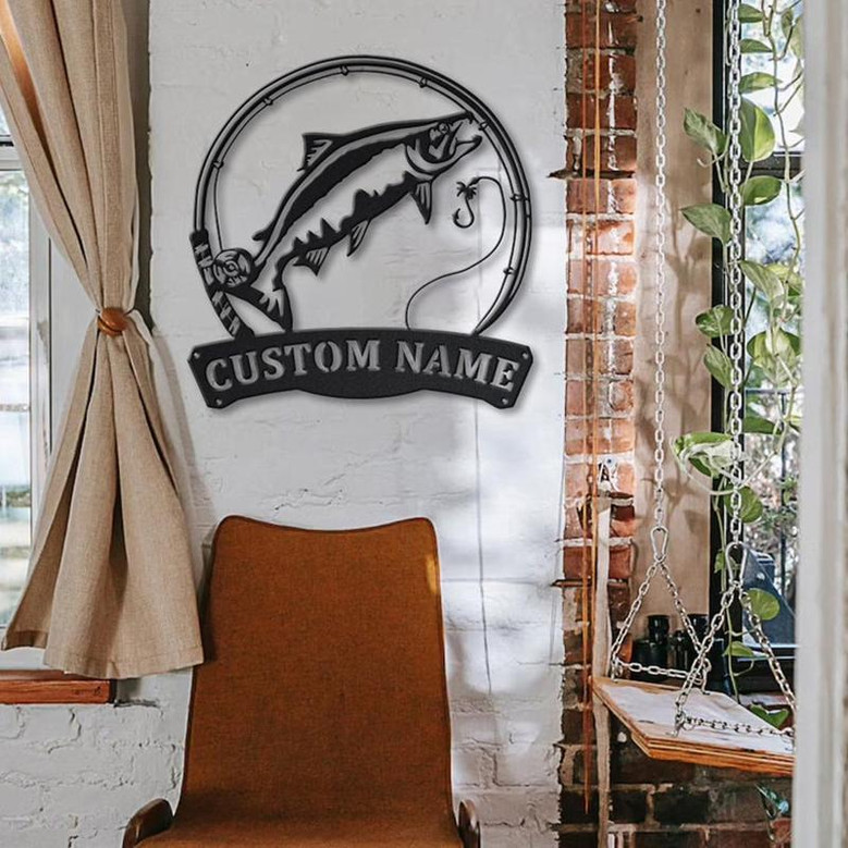 Personalized Chinook Salmon Fish Pole Monogram Metal Sign Art, Chinook Salmon Fish Metal Sign Fishing Lover Sign Decoration For Living Room