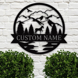 Custom Nature Wildlife Horse Metal Sign | Mountain and tree Metal Sign | Personalized metal Family/last Name Sign | Housewarming gift