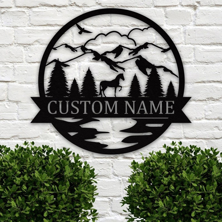 Custom Nature Wildlife Horse Metal Sign | Mountain and tree Metal Sign | Personalized metal Family/last Name Sign | Housewarming gift