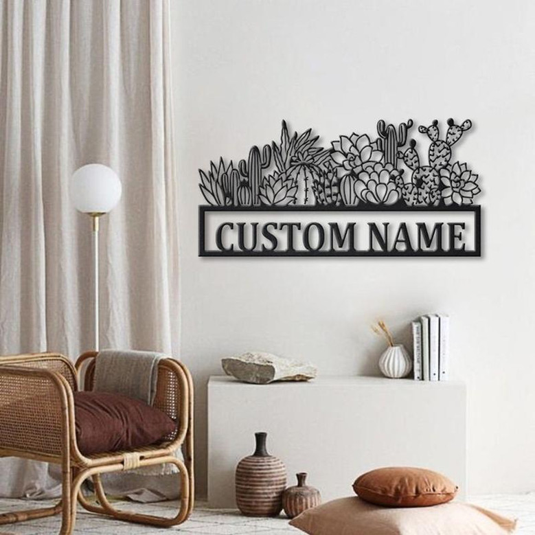 Personalized Cactus Border Monogram Metal Sign Art Custom Cactus Border Metal Sign Cactus Border Lover Sign Decoration For Living Room