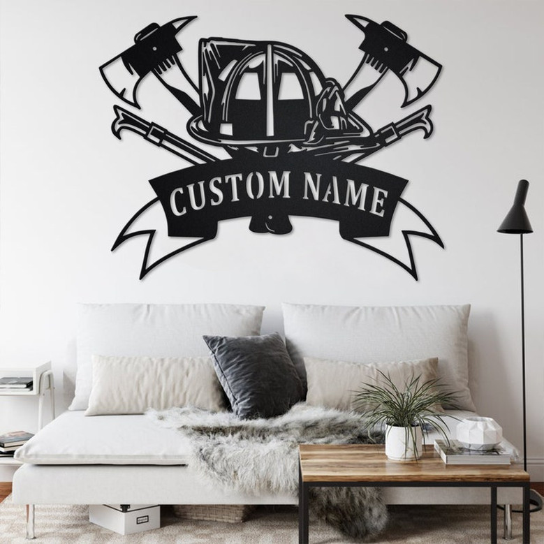 Custom Fire Fighter Tools Metal Wall Art, Personalized Firefighter Name Sign Decoration For Room, Firefighter Metal Home Decor, Firefighter