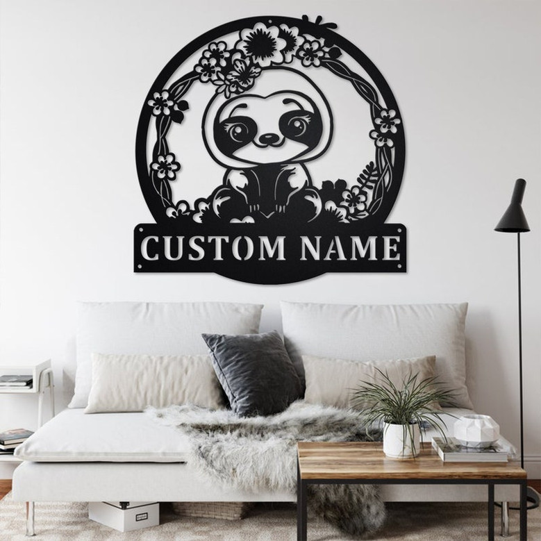 Custom Cute Floral Sloth Metal Wall Art, Personalized Sloth Name Sign Decoration For Room, Sloth Home Decor, Custom Sloth, Cute Floral Sloth