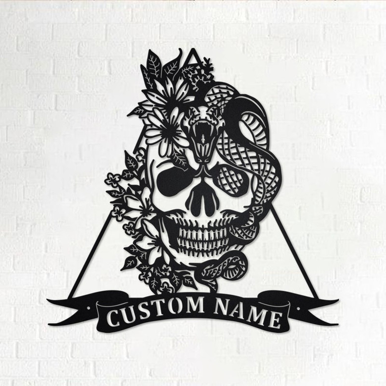 Custom Floral Snake Skull Metal Wall Art, Personalized Snake Skull Name Sign Decoration For Room, Snake Skull Home Decor, Custom Snake Skull