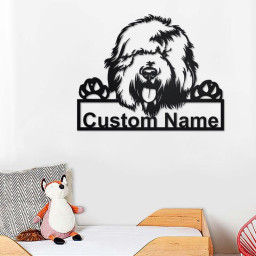 Custom English Sheepdog Dog Metal Wall Art, Personalized English Sheepdog Name Sign Decoration For Room, English Sheepdog Metal Home Decor