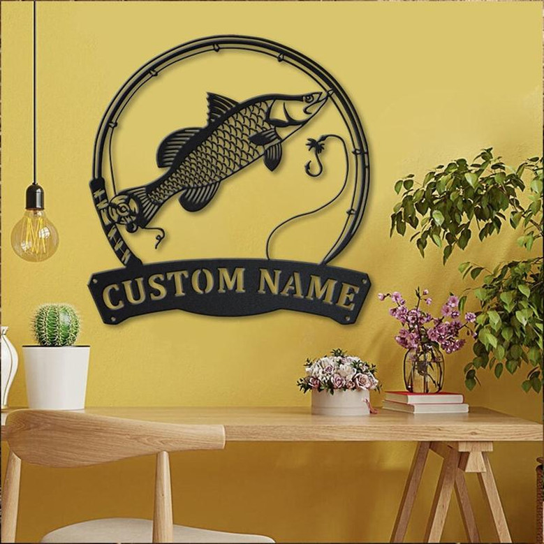 Personalized Barramundi Fishing Fish Pole Metal Sign Art Custom Barramundi Fishing Metal Sign Fishing Lover Sign Decoration For Living Room