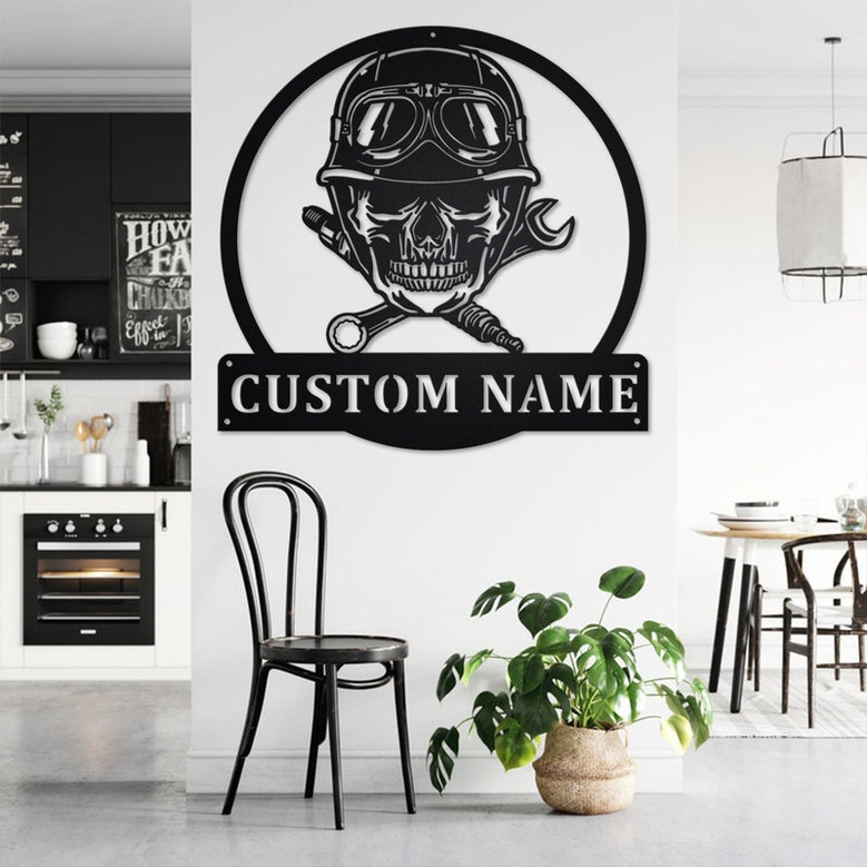 Custom Biker Skull Metal Wall Art, Personalized Biker Name Sign Decoration For Room, Biker Skull Metal Home Decor, Custom Biker, Biker Skull