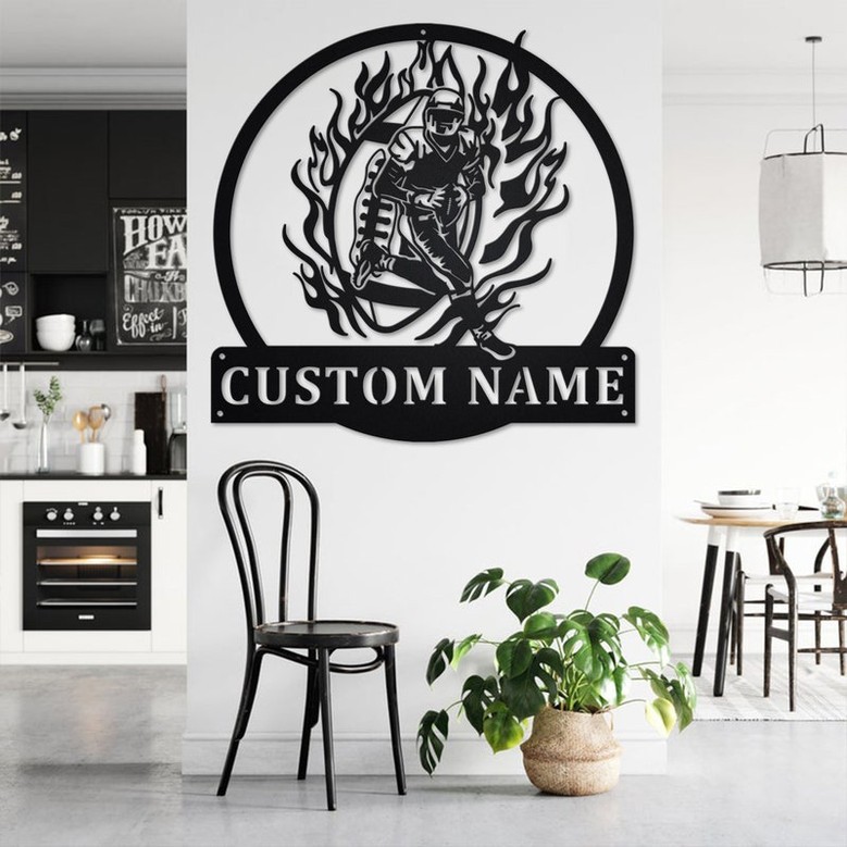 Custom Flaming Football Player Metal Wall Art, Personalized Football Player Name Sign Decoration For Room, Football Player Home Decor