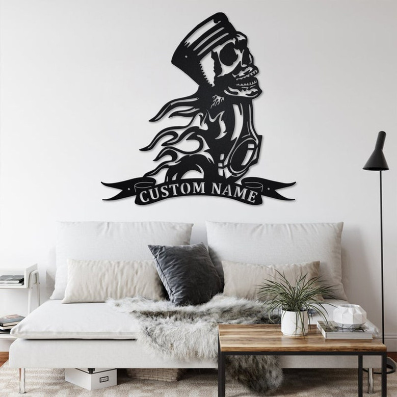 Custom Piston Skull Metal Wall Art, Personalized Mechanic Car Name Sign Decoration For Room, Piston Skull Metal Home Decor, Custom Piston