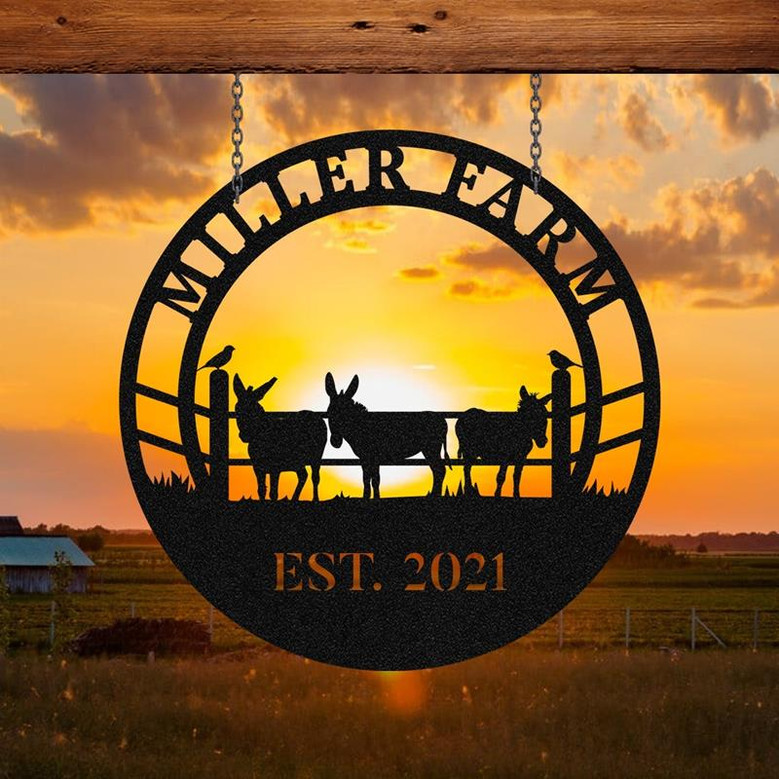 Personalized Metal Farm Sign Donkey Mule Monogram Custom Outdoor Farmhouse Ranch Barn Front Gate Wall Decor Art Gift