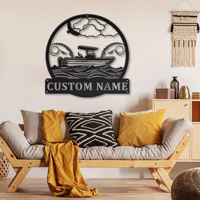 Personalized Fishing Boat Monogram Metal Sign Art | Custom Fishing Boat Metal Sign | Fishing Lover Sign Decoration For Living Room