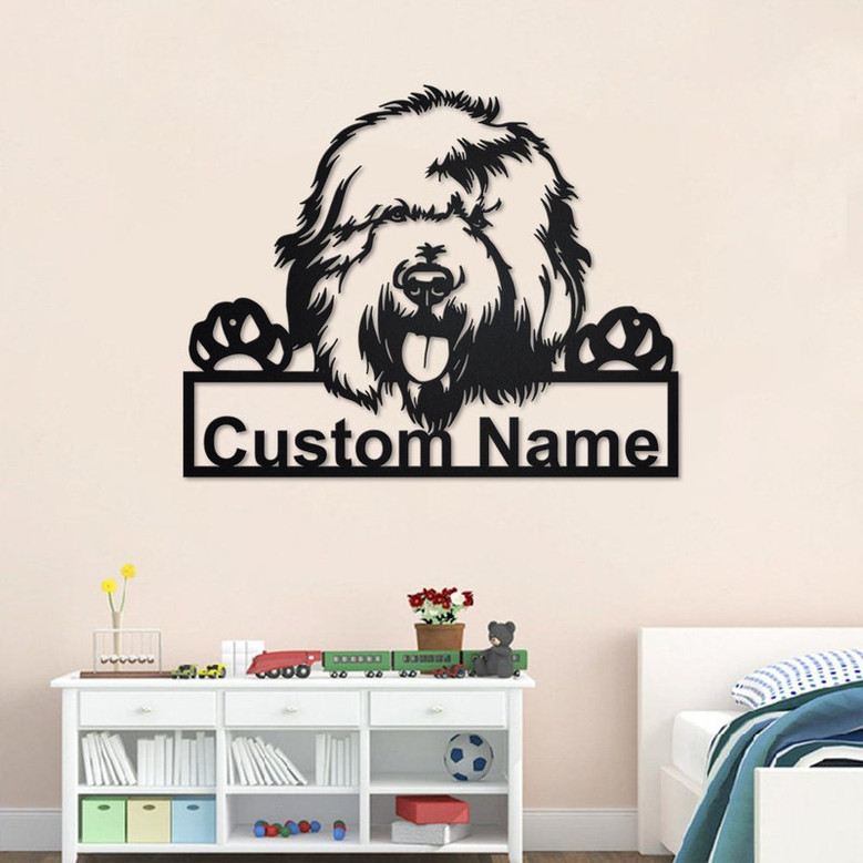 Custom English Sheepdog Dog Metal Wall Art, Personalized English Sheepdog Name Sign Decoration For Room, English Sheepdog Metal Home Decor