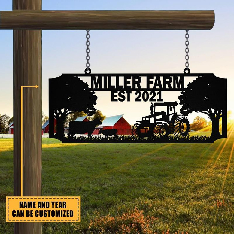 Personalized Metal Farm Sign Cow Tractor Monogram Custom Outdoor Farmhouse Front Gate Entry Road Wall Decor Art Gift