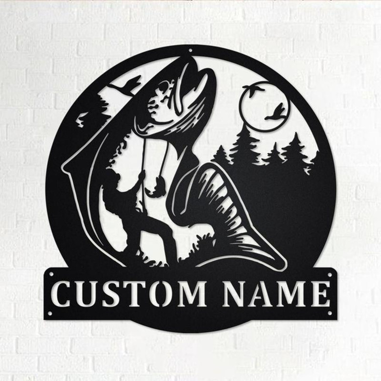 Custom Salmon Fishing Metal Wall Art, Personalized Salmon Fisher Name Sign Decoration For Room, Salmon Fish Metal Home Decor, Custom Fisher