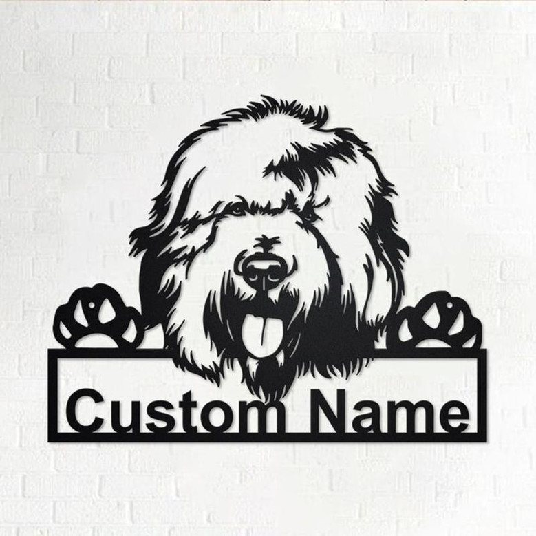 Custom English Sheepdog Dog Metal Wall Art, Personalized English Sheepdog Name Sign Decoration For Room, English Sheepdog Metal Home Decor