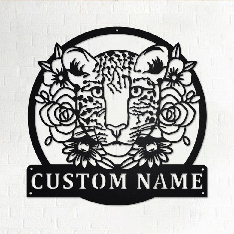 Custom Leopard With Flower Metal Wall Art, Personalized Leopard Name Sign Decoration For Room, Leopard Metal Home Decor, Custom Leopard