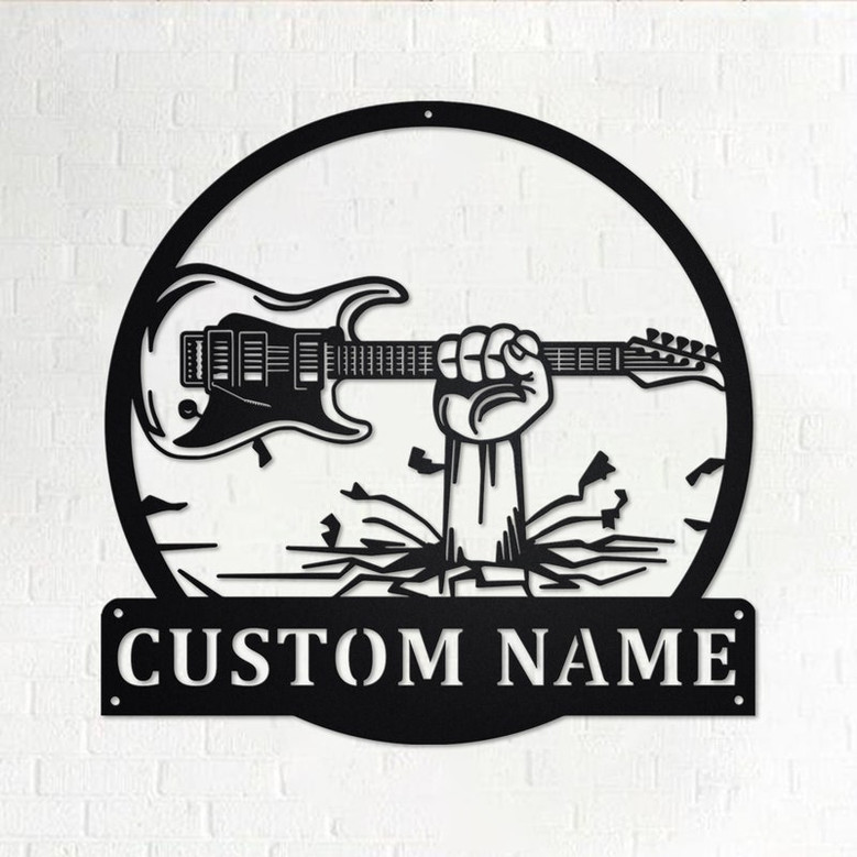 Custom Hand Holding Electric Guitar Metal Wall Art, Personalized Electric Guitar Name Sign Decoration For Room, Electric Guitar Home Decor