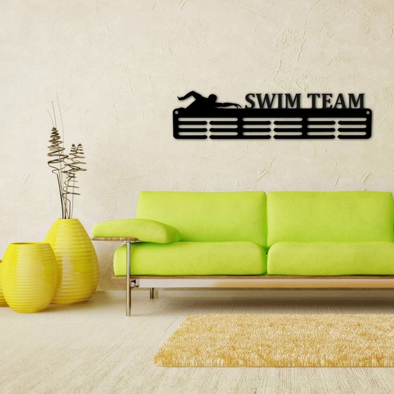 Customized Swim Team Sport Medal Hanger Metal sign - 12 Rungs for medals & Ribbons, Show Team Spirit, metal sign, art, wall decor