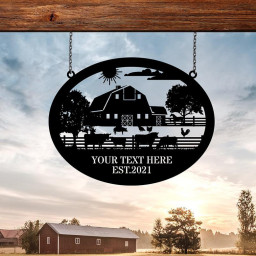 Custom Metal Farm Sign Cattle Ranch Barn Sign Farmhouse Decor Family Name Sign Farmer Gift Farm Scene Metal Animals Sign