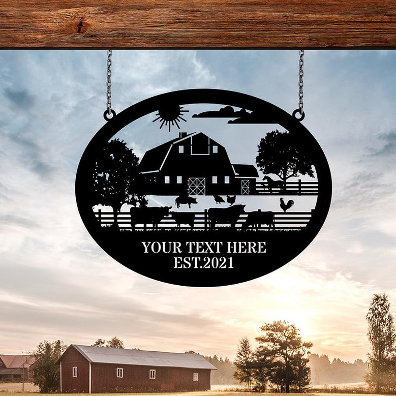 Custom Metal Farm Sign Cattle Ranch Barn Sign Farmhouse Decor Family Name Sign Farmer Gift Farm Scene Metal Animals Sign