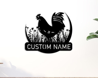 Personalized Metal Chicken Name Sign, Custom Chicken Decor with Flowers, Unique Design Metal Chicken Sign