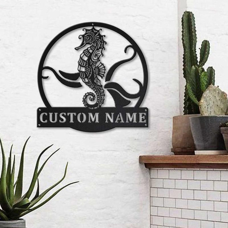 Personalized Seahorse Monogram Metal Sign Art ,Custom Seahorse Metal Sign, Seahorse Lover Sign Decoration For Living Room