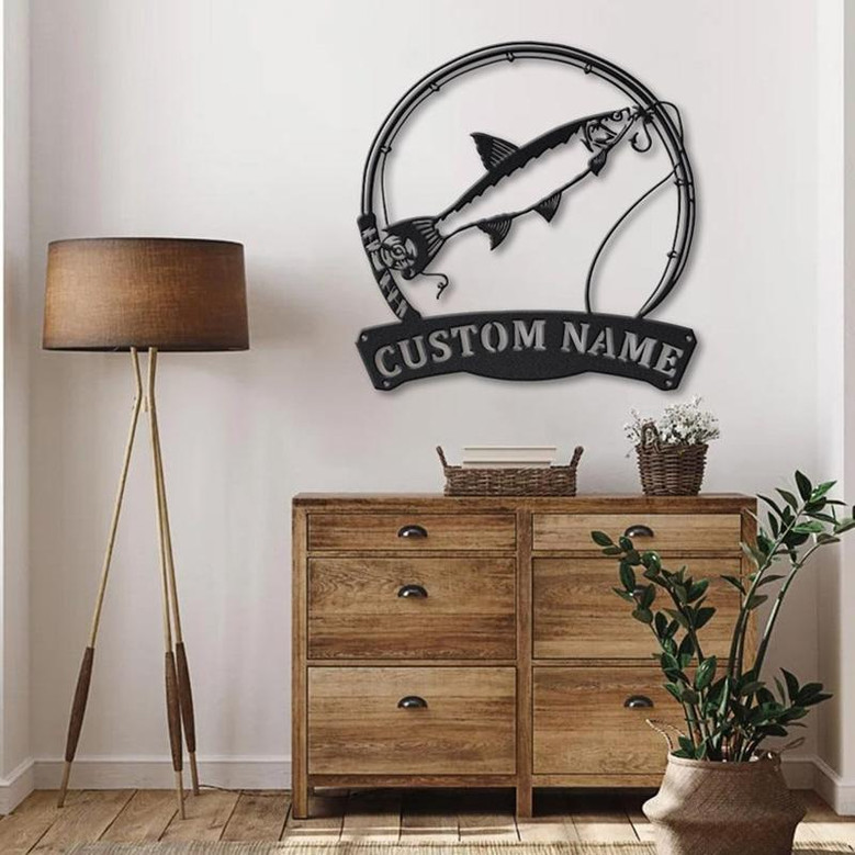 Personalized Asp Fishing Fish Pole Monogram Metal Sign Art , Asp Fishing Fish Metal Sign , Fishing Lover Sign Decoration For Living Room