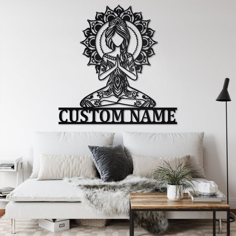 Custom Yoga Girl Mandala Metal Wall Art, Personalized Yoga Girl Name Sign Decoration For Room, Yoga Girl Metal Home Decor, Custom Yoga Girl