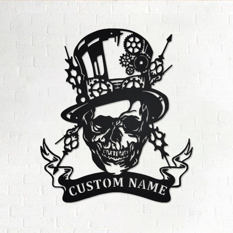 Custom Steampunk Skull Metal Wall Art, Personalized Steampunk Skull Name Sign Decoration For Room, Steampunk Skull Metal Home Decor, Skull