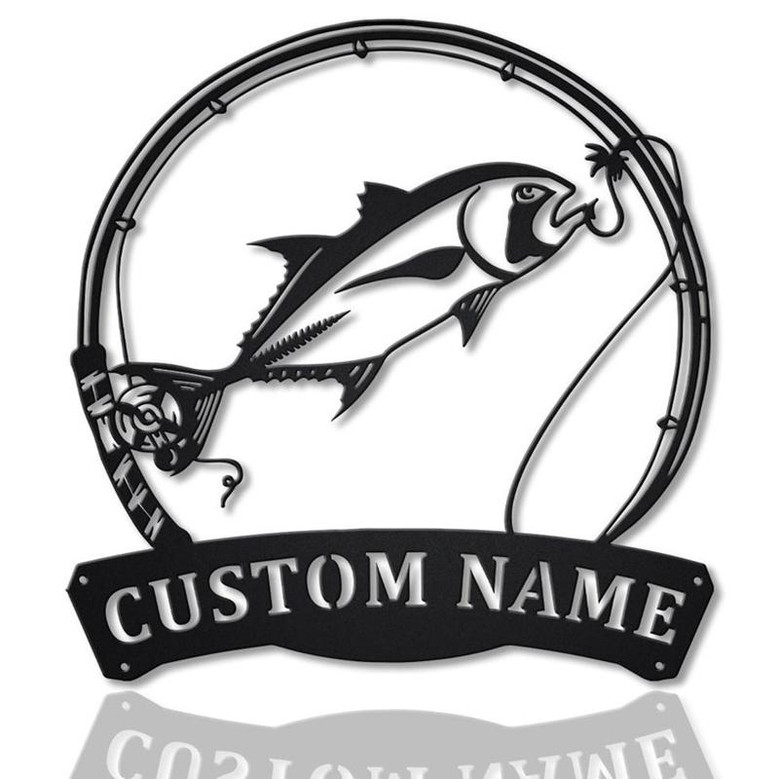 Personalized Giant Trevally Fishing Fish Pole Metal Sign Art | Custom Giant Trevally Fishing Monogram Metal Sign | Fishing Gifts