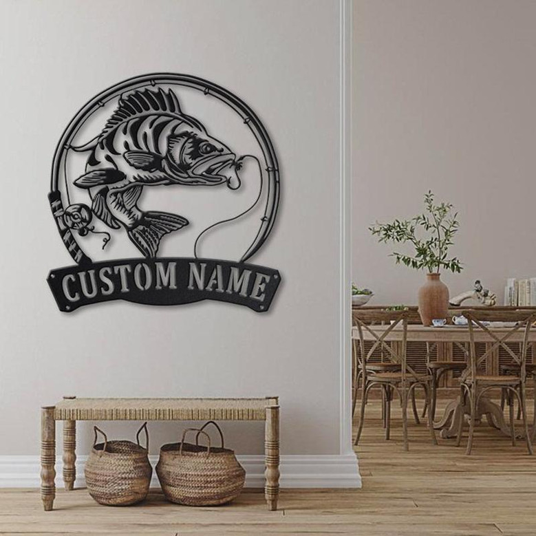 Personalized Perch Fishing Fish Pole Metal Sign Art | Custom Perch Fishing Metal Sign | Perch Fishing Gifts for Men | Perch Fishing Gift