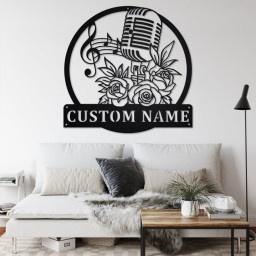 Custom Floral Microphone Metal Wall Art, Personalized Microphone Name Sign Decoration For Room, Microphone Metal Home Decor, Microphone