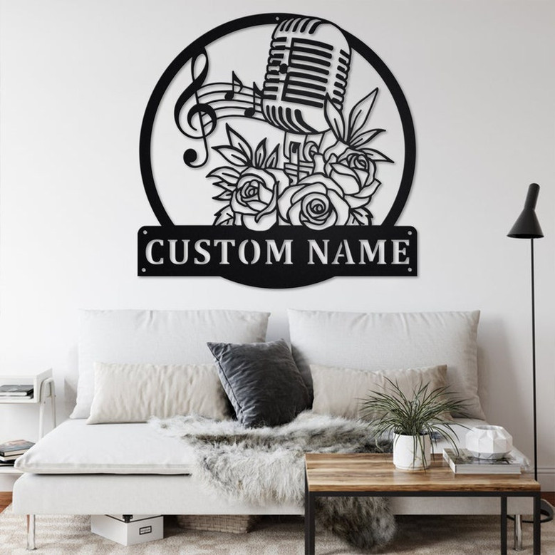 Custom Floral Microphone Metal Wall Art, Personalized Microphone Name Sign Decoration For Room, Microphone Metal Home Decor, Microphone
