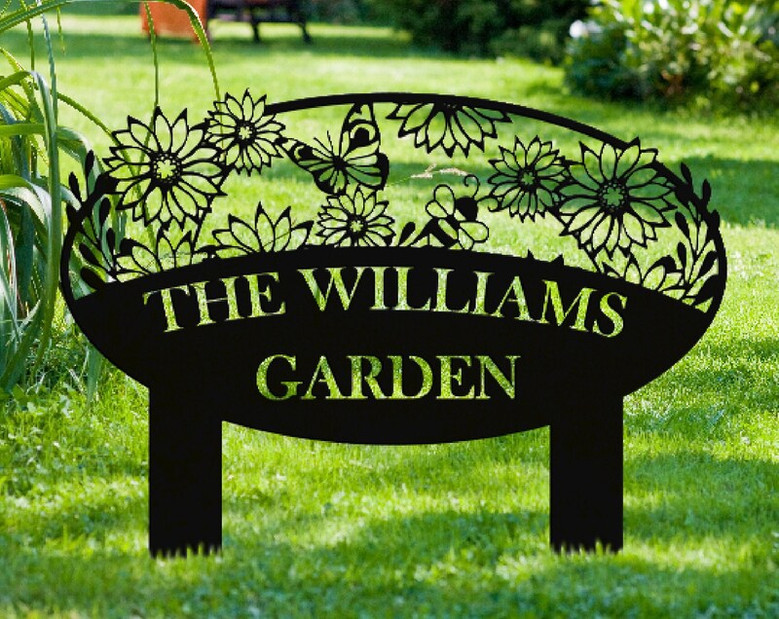 Custom Metal Garden Sign, Flower Sign with Stakes, Personalized Garden Decor, Outdoor Metal Sign