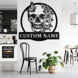 Custom Skull Flower With Butterfly Metal Wall Art, Personalized Skull Name Sign Decoration For Room, Skull Metal Home Decor, Custom Skull