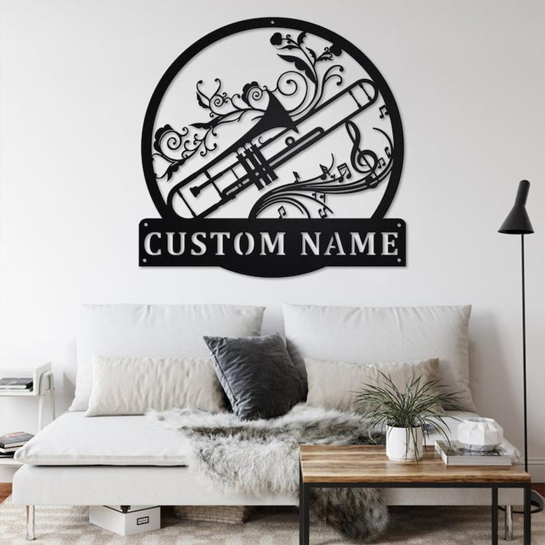 Custom Trombone Musical Instrument Metal Wall Art, Personalized Trombone Teacher Name Sign Decoration For Room