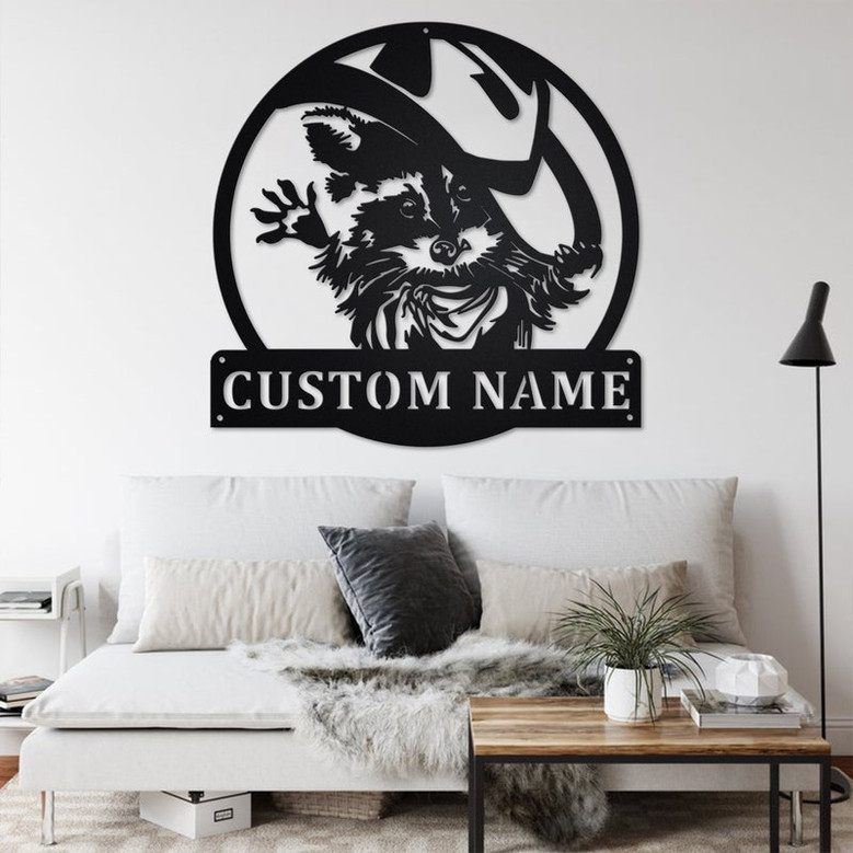 Custom Raccoon With Cowboy Hat Metal Wall Art, Personalized Raccoon Name Sign Decoration For Room, Raccoon Metal Home Decor, Custom Raccoon