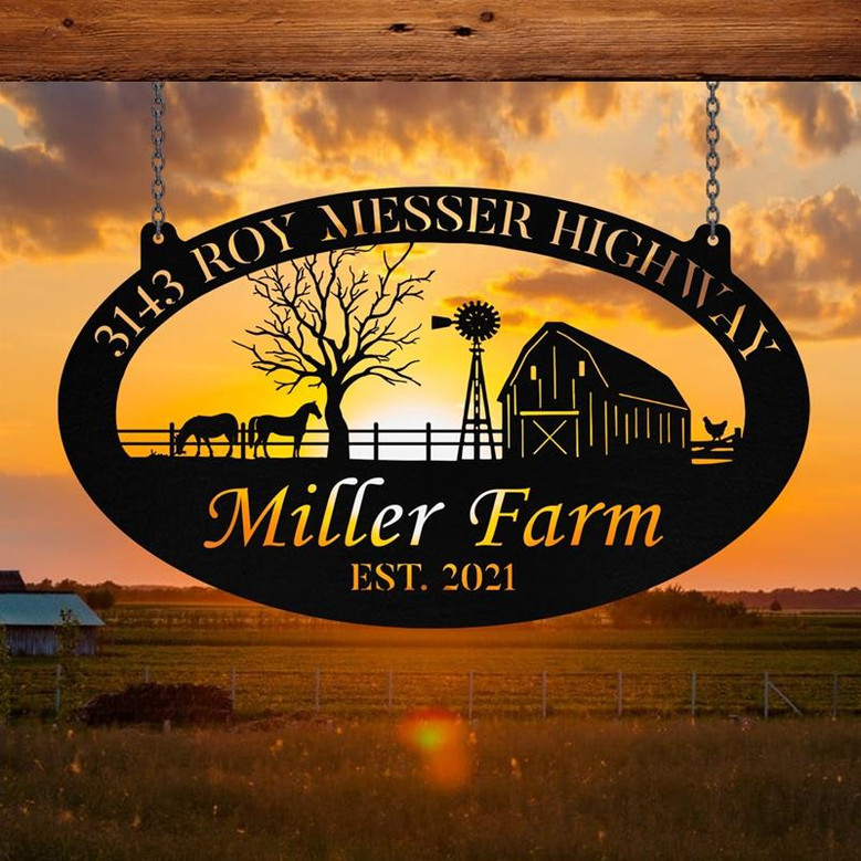 Personalized Metal Farm Sign Horse Chicken Monogram Custom Outdoor Farmhouse Front Gate Ranch Stable Wall Decor Art Gift
