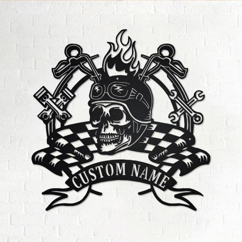 Custom Biker With Skull Metal Wall Art, Personalized Bike Name Sign Decoration For Room, Motorcycle Home Decor Motocross Rider, Custom Biker