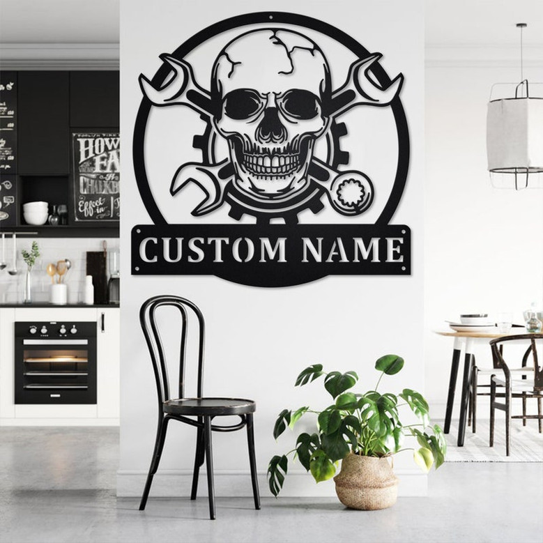 Custom Skull Mechanic Metal Wall Art, Personalized Mechanic Name Sign Decoration For Room, Mechanic Metal Home Decor, Custom Skull Mechanic