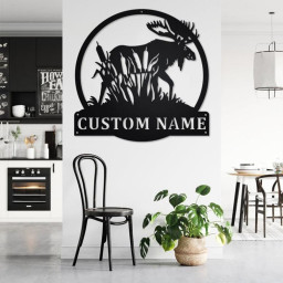 Custom Moose with Cattails Metal Wall Art, Personalized Moose Hunter Name Sign Decoration For Room, Moose Metal Home Decor, Custom Moose