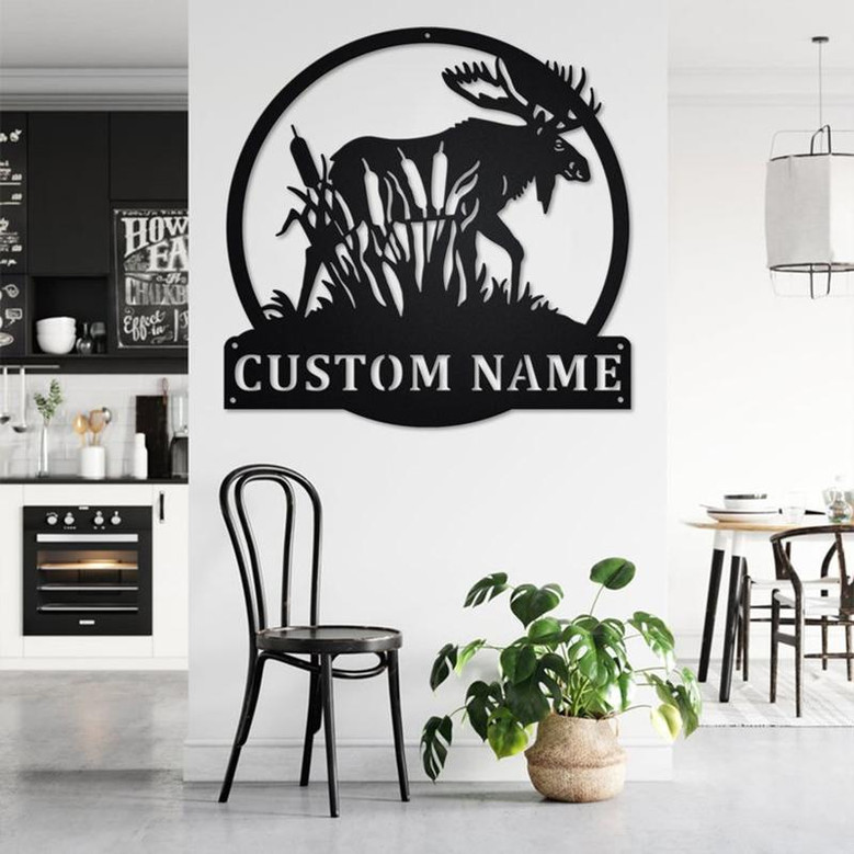 Custom Moose with Cattails Metal Wall Art, Personalized Moose Hunter Name Sign Decoration For Room, Moose Metal Home Decor, Custom Moose