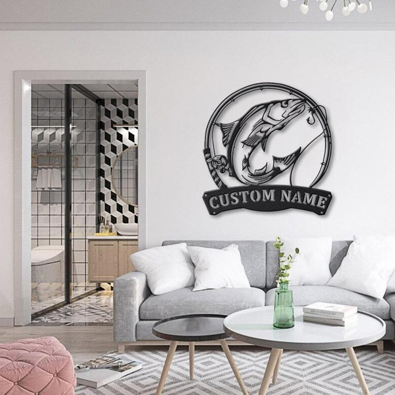 Personalized Norwegian Salmon Fishing Fish Pole Metal Sign Art | Custom Salmon Fishing Monogram Metal Sign | Fishing Gifts | Hobbie Gift