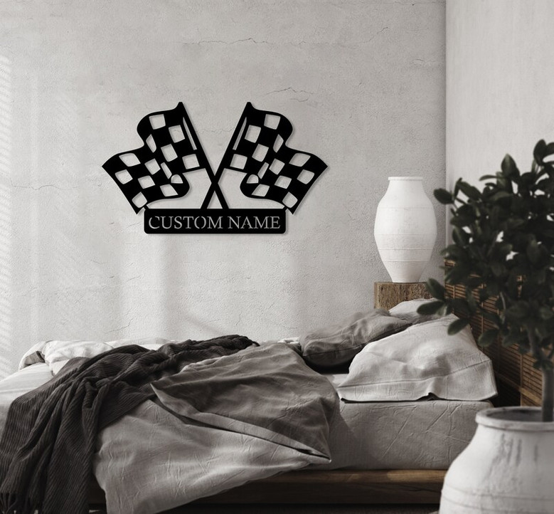 Custom Checkered Flag Racing Sign, Checkered Flag Monogram, Personalized Gift for Racer