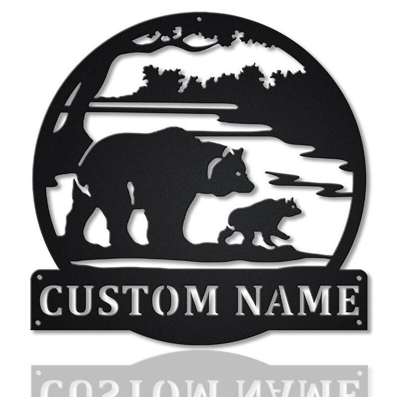 Personalized Bear & Cub Scenic Monogram Metal Sign Art, Custom Bear Cub Scenic Metal Wall Art