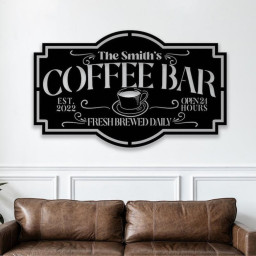 Personalized Coffee Bar Metal Wall Art, Coffee bar sign Freshly Brewed daily, Custom Housewarming Gift