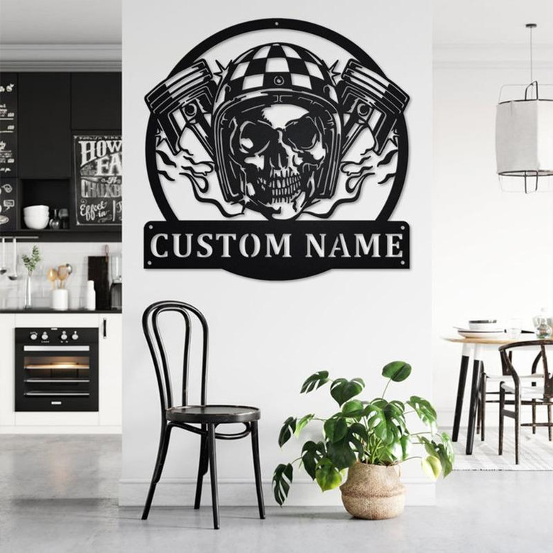 Custom Skull With Piston Biker Metal Wall Art, Personalized Biker Name Sign Decoration For Room, Biker Home Decor, Custom Biker
