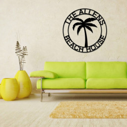 Beach House Personalized, Steel Metal Wall Sign, Wall Customized with Name and Palm Trees, Personalized Palm Tree Metal Sign, Beach Decor