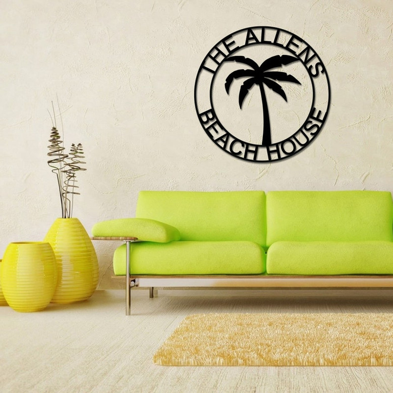 Beach House Personalized, Steel Metal Wall Sign, Wall Customized with Name and Palm Trees, Personalized Palm Tree Metal Sign, Beach Decor