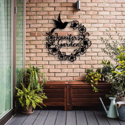 Personalized Hummingbird Flower Metal Sign, Garden Decor, Custom Name Wall Art Gardener Gift Floral Sign
